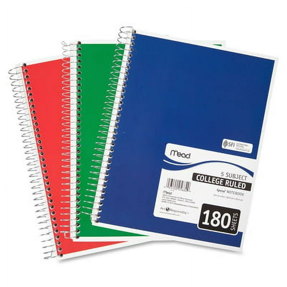 Mead-2PK Spiral Notebook, 5 Subject, Medium/College Rule, Randomly Assorted Covers, 10.5 X 8, 180 Sheets