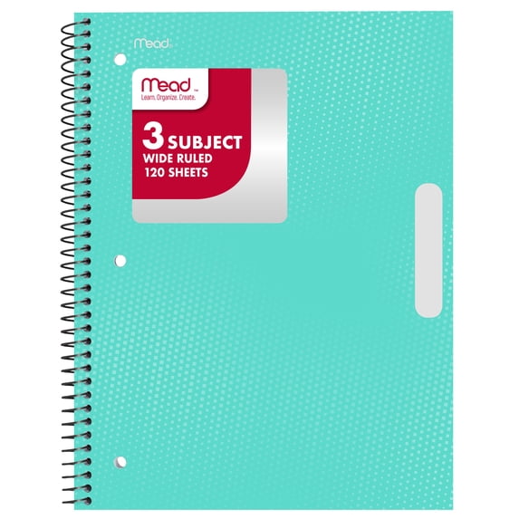 Mead 3 Subject Wide Ruled Notebook, 8" x 10.5", Pastel Green, Poly, Spiral, 120 Sheets