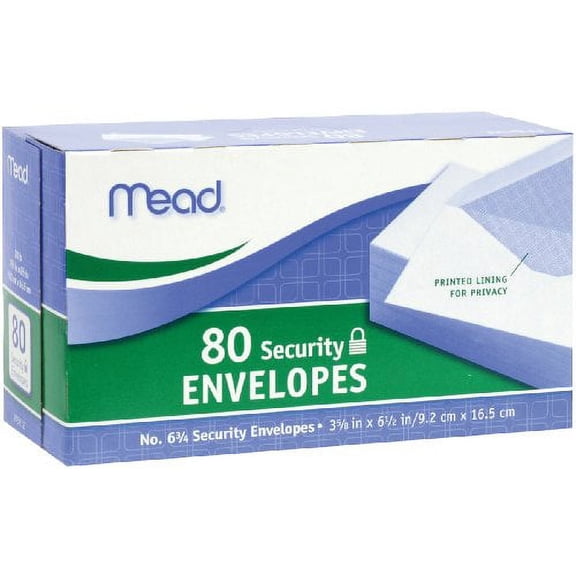 Mead #6-3/4 Envelopes, Security Printed Liningfor Privacy, Gummed Closure, All-Purpose 20-lb Paper, 3-5/8" x 6-1/2", White, 80/Box (75212)