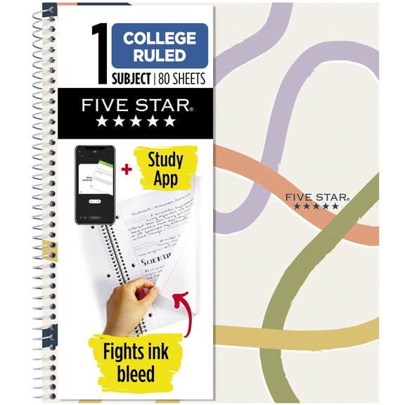 Five Star Simple Waves Spiral Notebook Plus Study App 1 Subject College Ruled 8