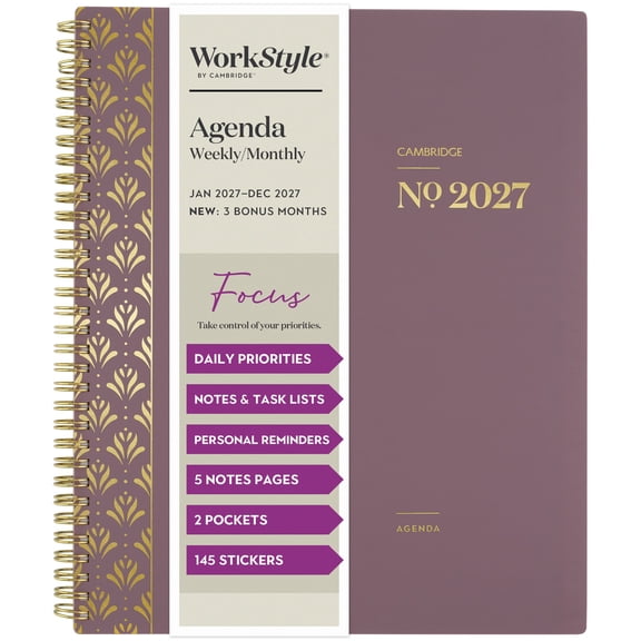 Mead Cambridge WorkStyle Focus 2027 Weekly Monthly Planner Mauve Large 8 12 x 11