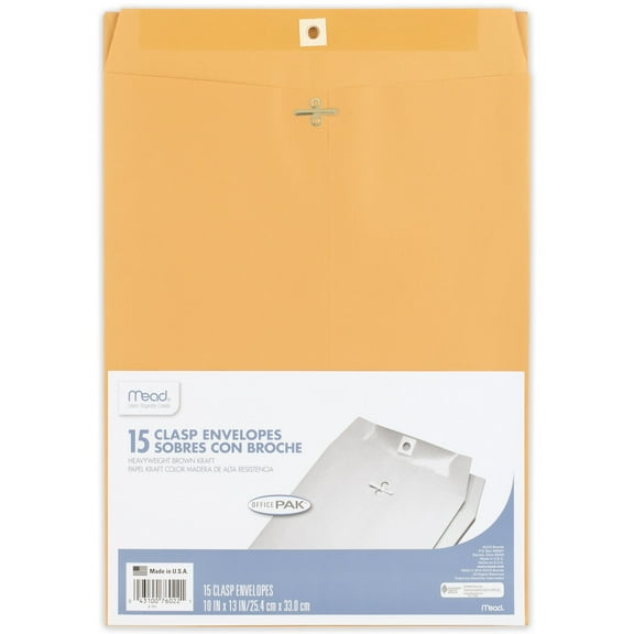 Mead Clasp Envelopes, Office Pack, 10" x 13", Brown Kraft, 15 Count