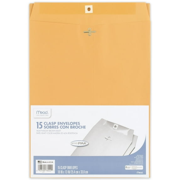 Mead Clasp Envelopes, Office Pack, 10" x 13", Brown Kraft, 15 Count