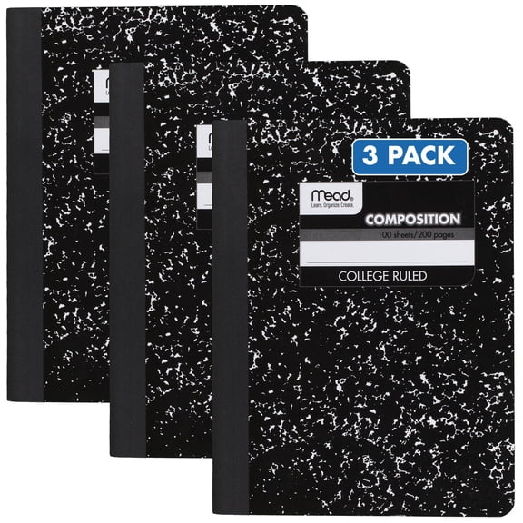 Mead Composition Book College Ruled 100 Sheets 7 12 x 9 34 Black Marble 3 Pack -