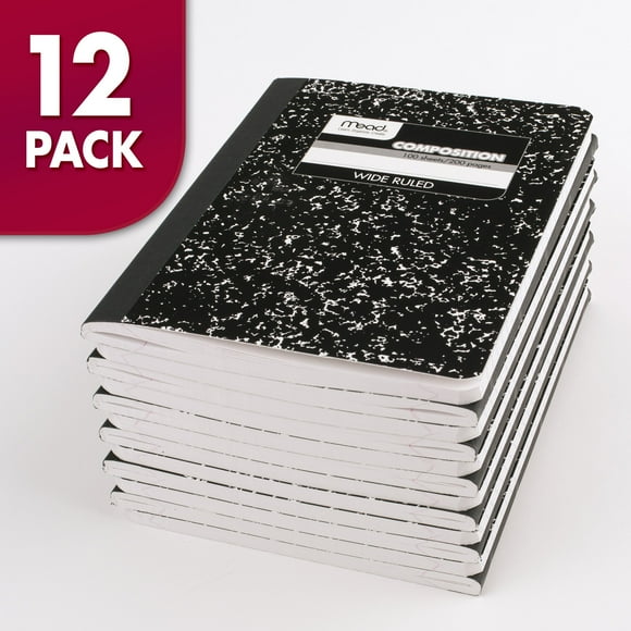 Mead Composition Book Wide Ruled 100 Sheets 7 12 x 9 34 Black Marble 12 Pack -