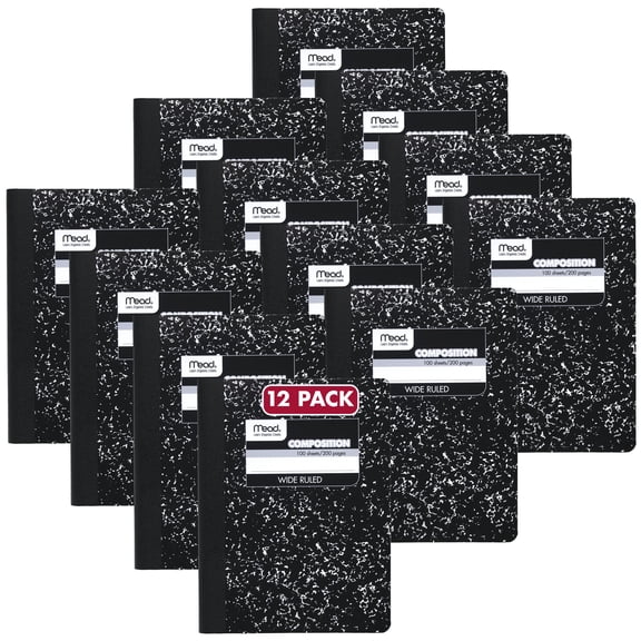 Mead Composition Book, Wide Ruled, 100 Sheets, 7.5" x 9.75", Black Marble, 12 Pack