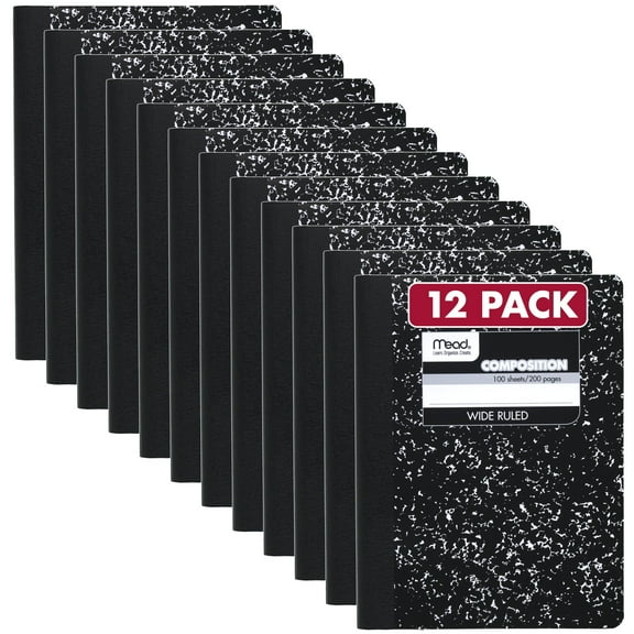 Mead Composition Book, Wide Ruled, 100 Sheets, 7.5" x 9.75", Black Marble, 12 Pack