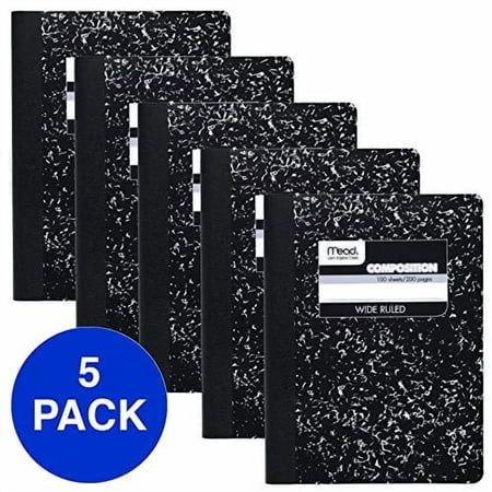 mead composition books, notebooks, wide ruled paper, 100 sheets, comp book, 5 pack (72368)