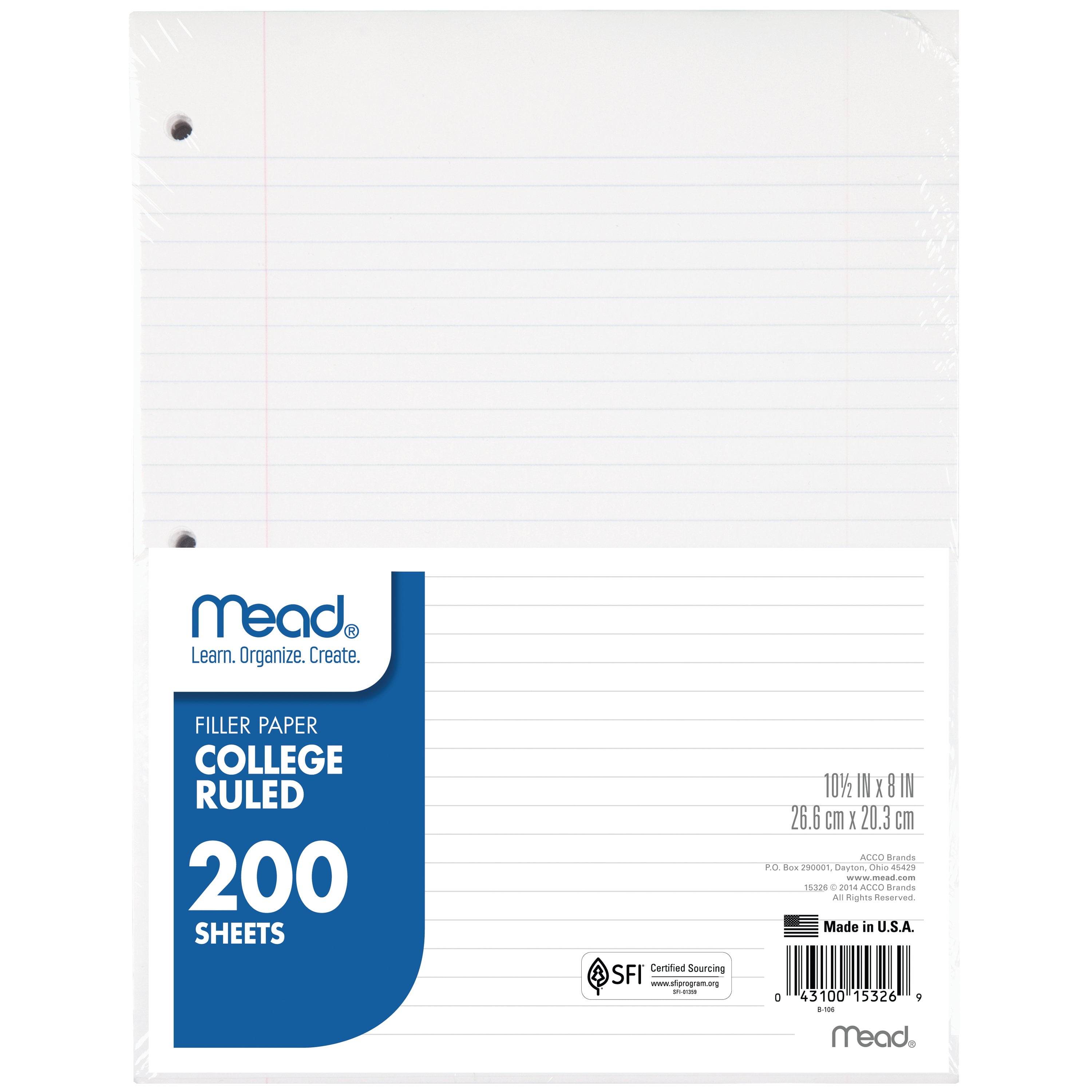 Filler Paper, 3-Hole, 8.5 x 11, College Rule, 200/Pack Filler Paper, 3-Hole, 8.5 x 11, College Rule, 200/Pack