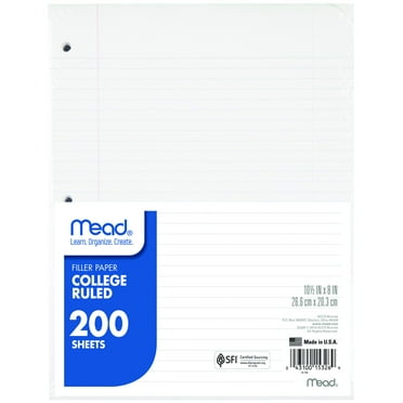Mead Filler Paper, College Ruled, 10 1/2" x 8", 200 Sheets/Pack