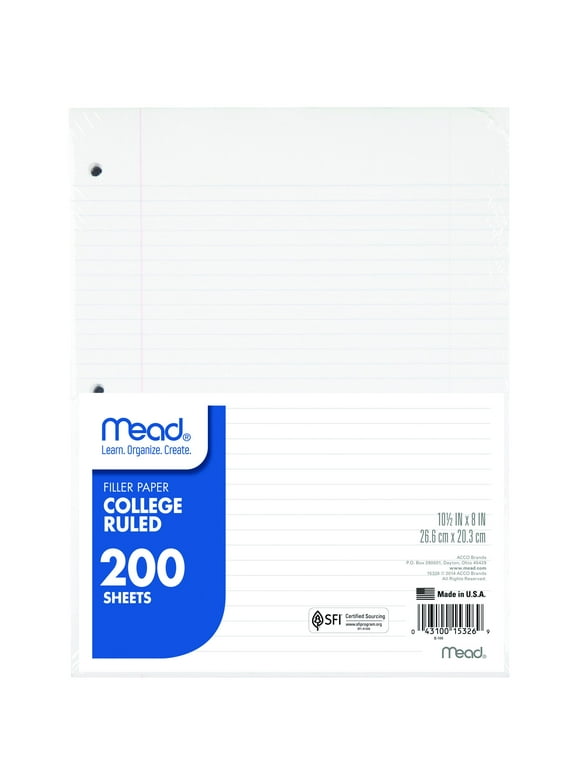 Mead Filler Paper, College Ruled, 10 1/2" x 8", 200 Sheets/Pack