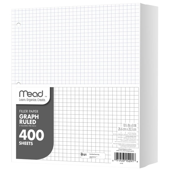 Mead Filler Paper, Quad Ruled, 8" x 10.5", 400 Sheets