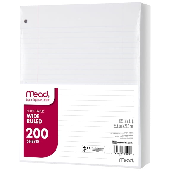 Mead Filler Paper, Wide Ruled, 8" x 10.5", 200 Sheets