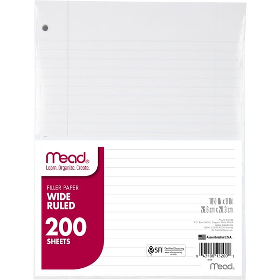 Mead Filler Paper, Wide Ruled, 8" x 10.5", 200 Sheets