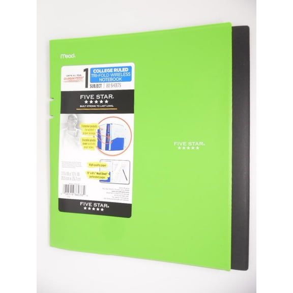 Mead Five Star 1 Subject College Ruled Tri-Fold Wireless Notebook 80 Sht Green