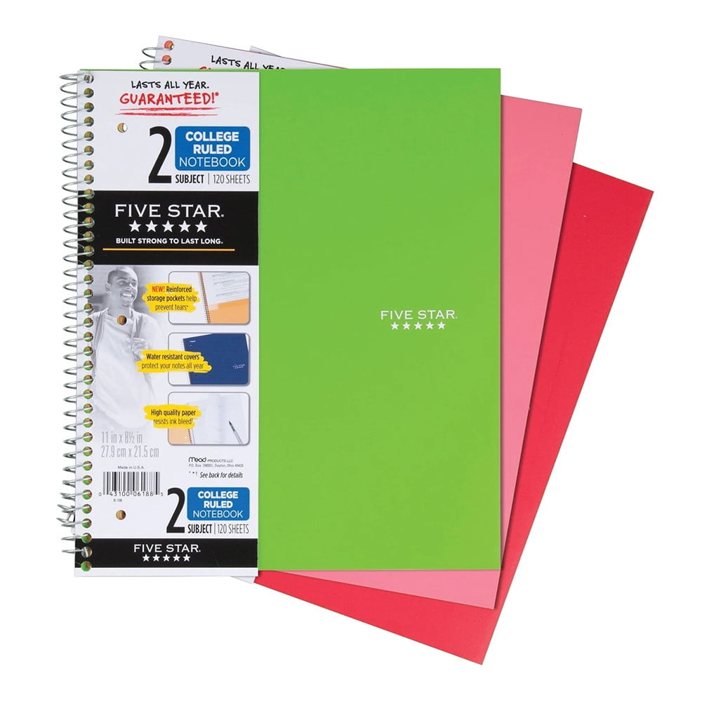 Mead Five Star 2 Subject College Ruled Notebook, 120 Sheets, Assorted