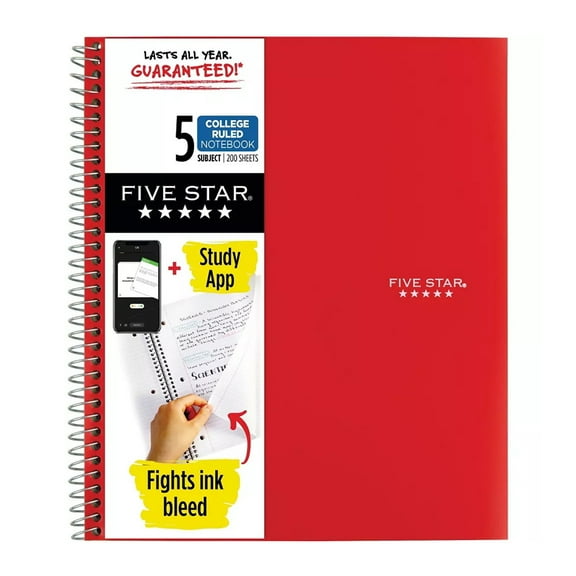 Mead Five Star 5 Subject Wirebound Notebooks, 200 Sheets, Assorted Colors, 1 Ea..