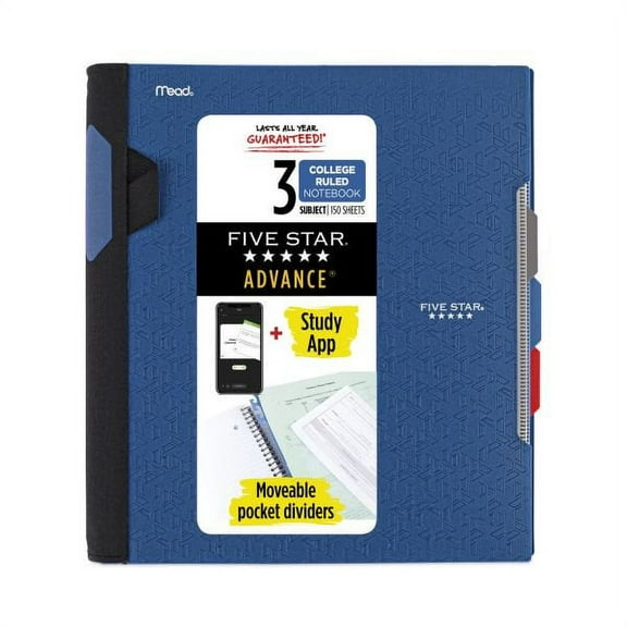 Mead Five Star Advance Wirebound Notebook, 3 Subject, Medium/College Rule, Randomly Assorted Covers, 11 x 8.5, 150 Sheets
