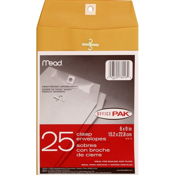Mead Heavyweight Kraft Clasp Envelopes, 6" x 9", Brown, 25 Count