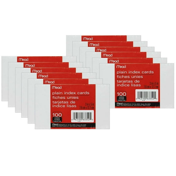 Mead Index Cards, Plain, 3 x 5, 100 Per Pack, 12 Packs