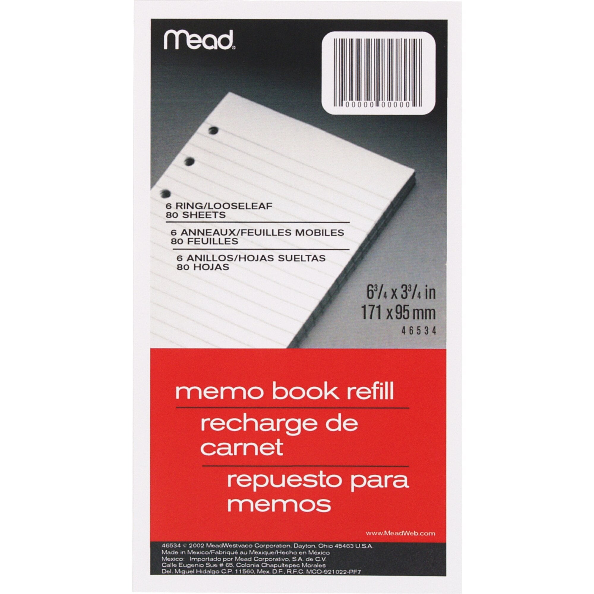 Mead Loose-Leaf Memo Book Refill Pages 6 Hole Punched Narrow Ruled 3 34 x 6 34 -