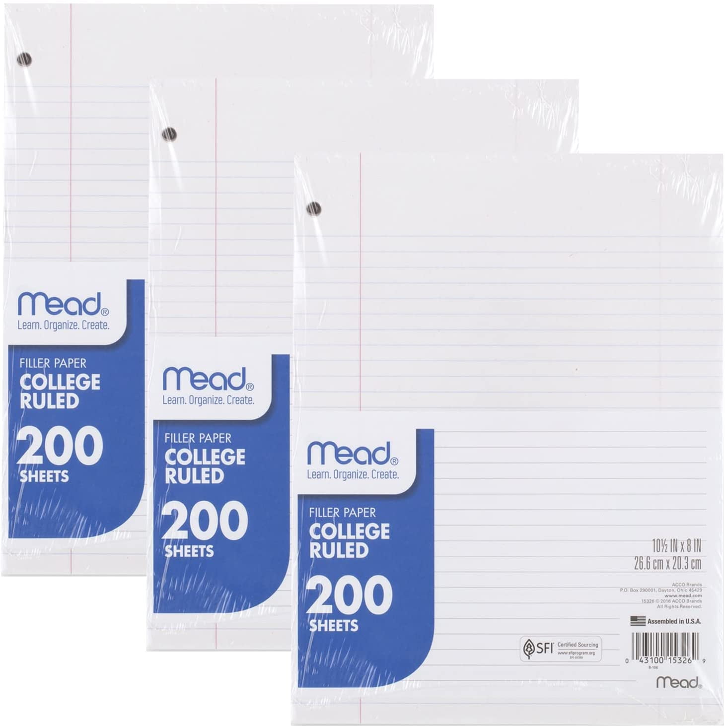 School Smart 3-Hole Punched Filler Paper w/ Red Margin, 8-1/2 x 11 Inches,  College Ruled, 200 Sheets