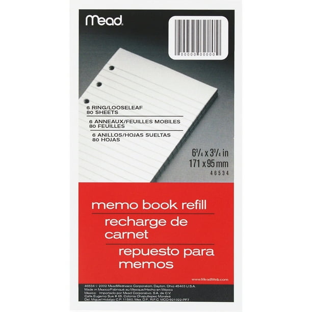 Mead Memo Book Refill Pages 80 Sheets 3 3/4" x 6 3/4" White Paper