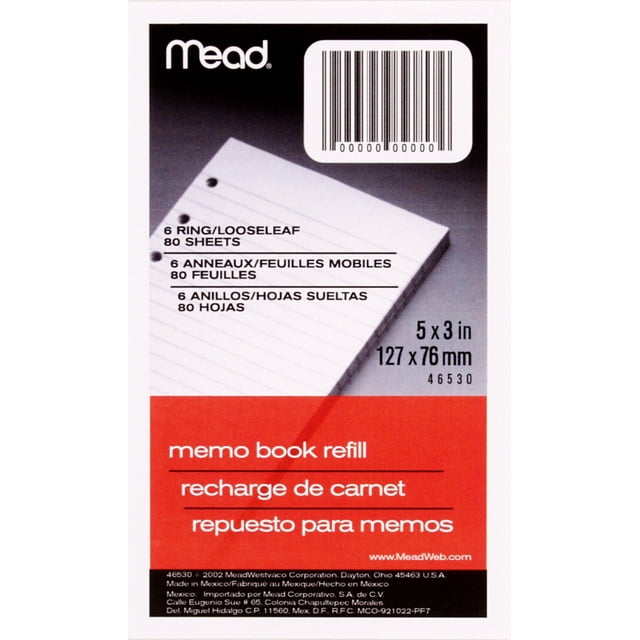 Mead Memo Book Refill Pages, Narrow Ruled, 3" x 5", 80 Sheets (46530