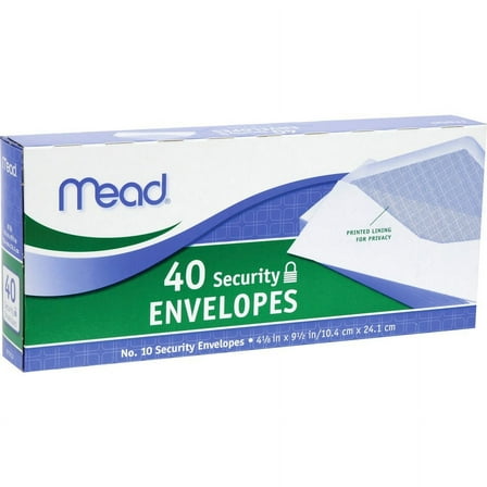Mead No. 10 Security Envelopes - Business - #10 - 9 1/2" Width x 4 1/8" Length - 20 lb - Gummed - Wove - 40 / Box - White | Bundle of 5 Boxes