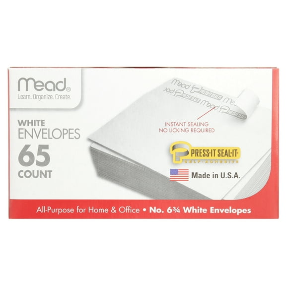 Mead Plain Envelopes, No 6.75, Self-Sealing, 65/BX, White - MEA75028