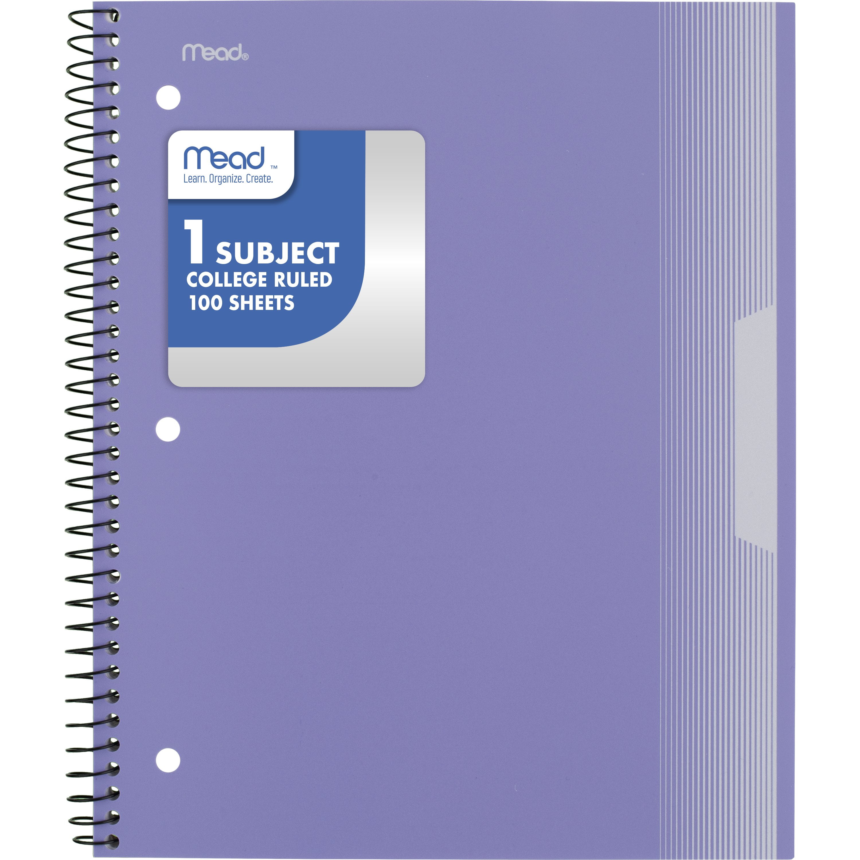 Mead 1 Subject College Ruled Notebook, 8.5" x 11", Pastel Lilac, Poly, Spiral, 100 Sheets