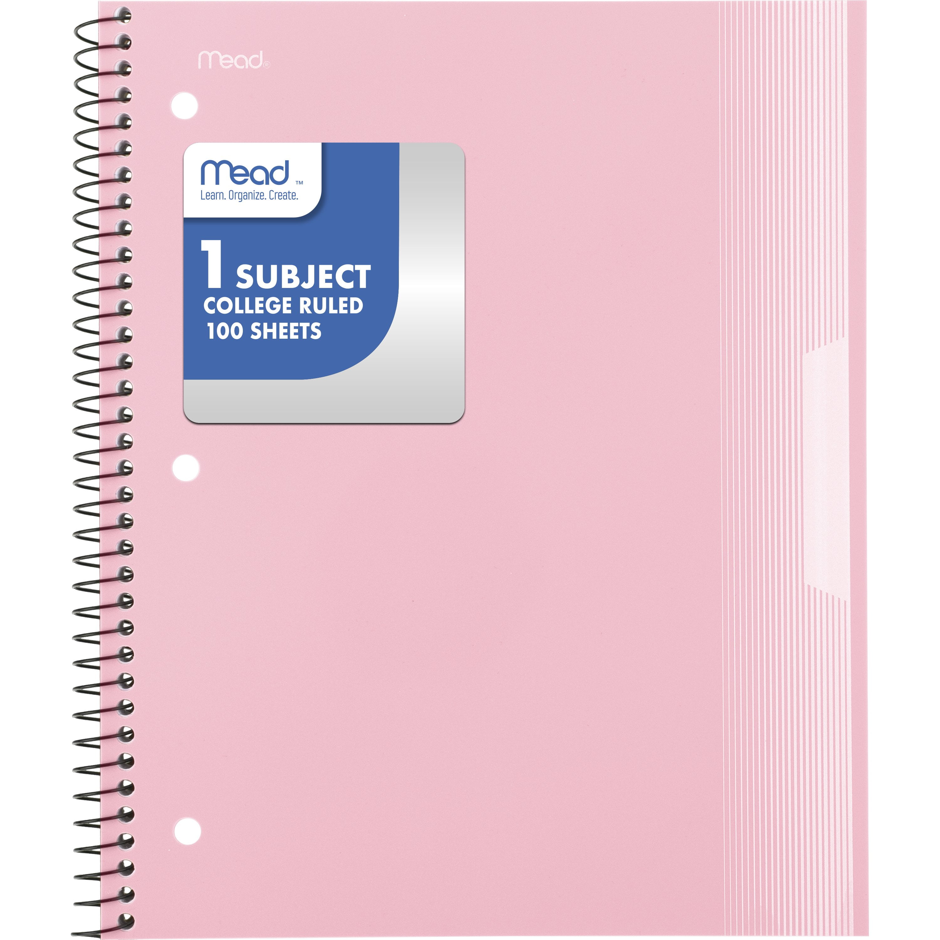 Mead 1 Subject College Ruled Notebook, 8.5" x 11", Pastel Pink, Poly, Spiral, 100 Sheets