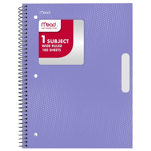 Mead 1 Subject Wide Ruled Notebook, 8" x 10.5", Pastel Lilac, Poly, Spiral, 100 Sheets