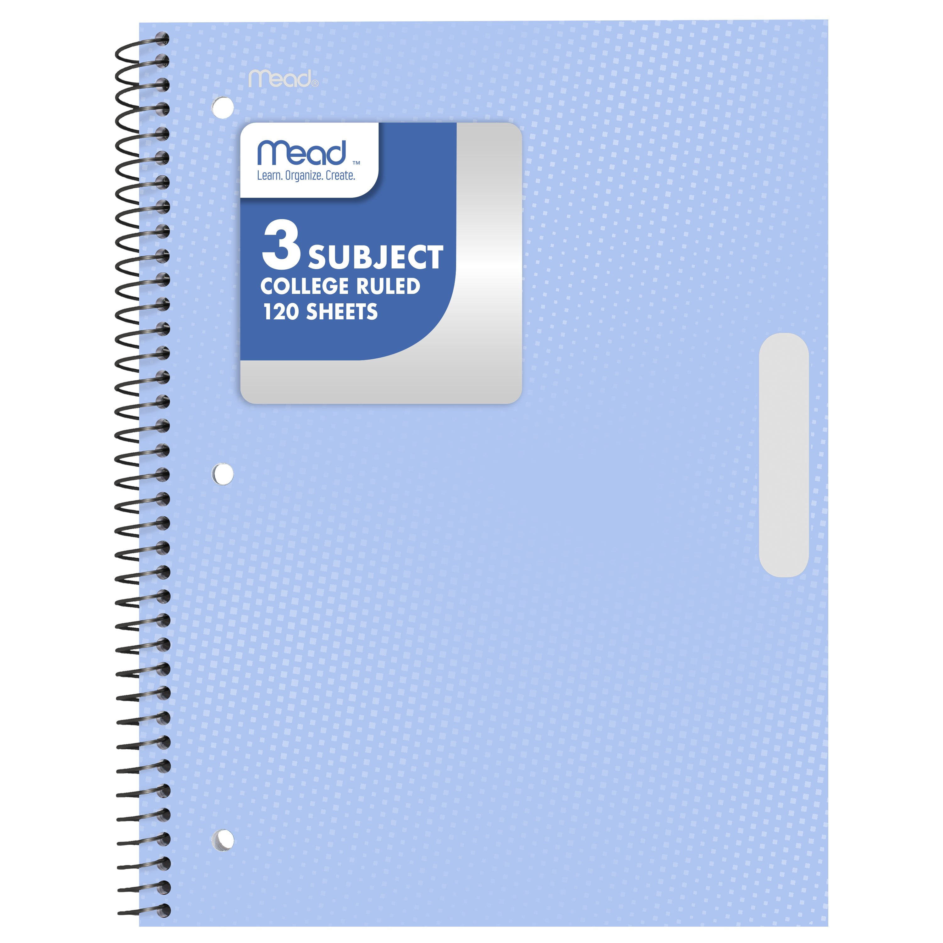 Mead 3 Subject College Ruled Notebook, 8.5" x 11", Pastel Blue, Poly, Spiral, 120 Sheets
