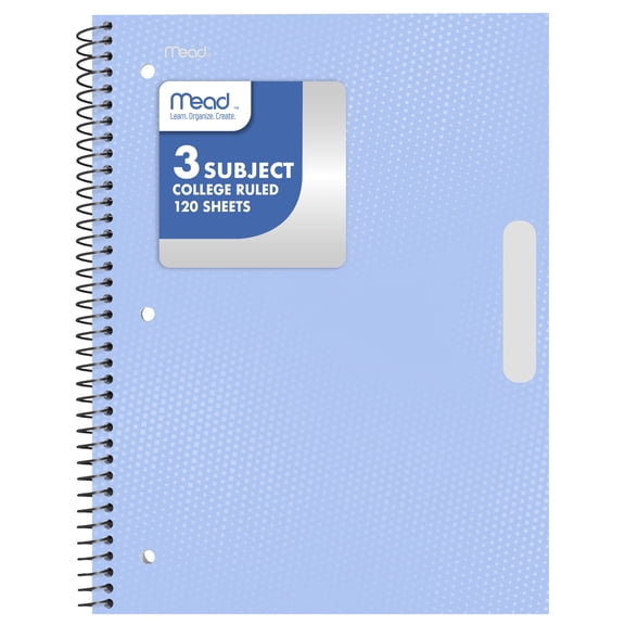 Mead 3 Subject College Ruled Notebook, 8.5" x 11", Pastel Blue, Poly, Spiral, 120 Sheets