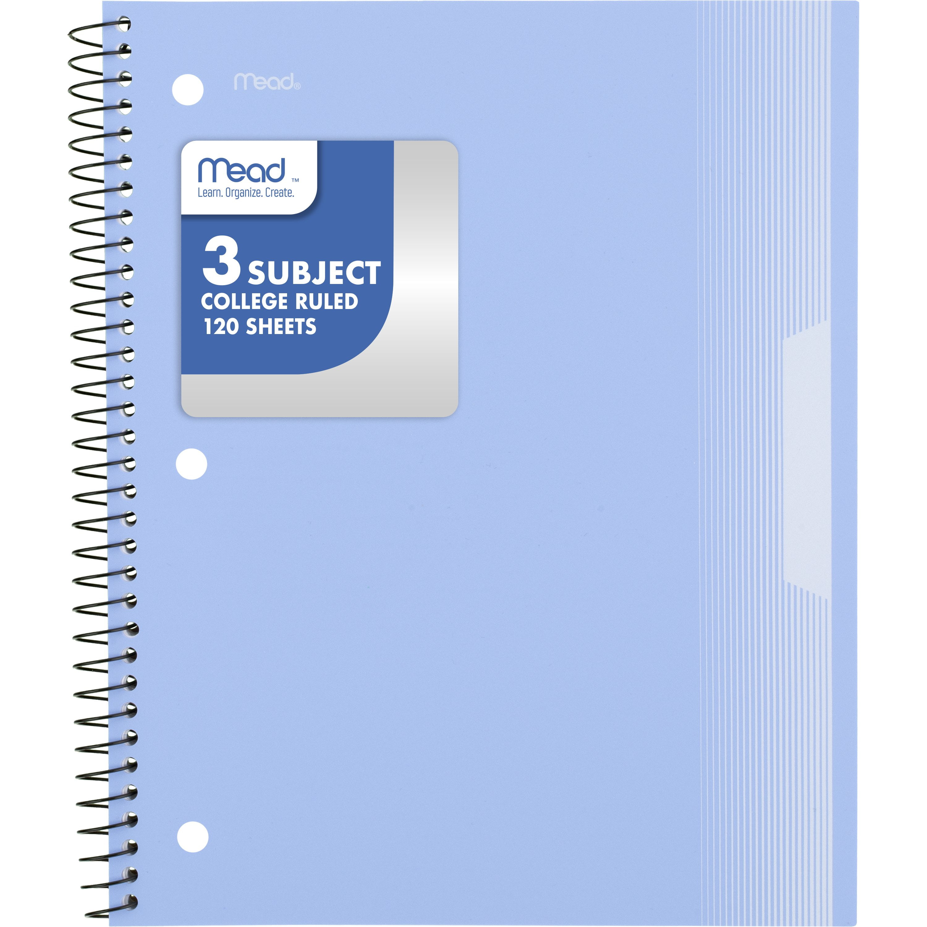 Mead 3 Subject College Ruled Notebook, 8.5" x 11", Pastel Blue, Poly, Spiral, 120 Sheets