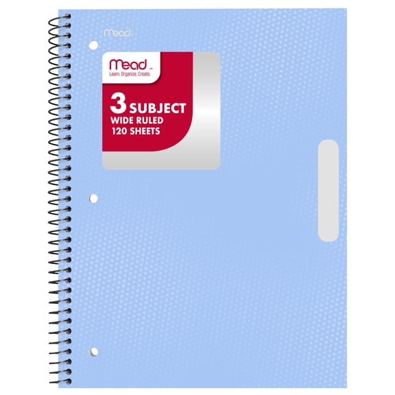 Mead 3 Subject Wide Ruled Notebook, 8" x 10.5", Pastel Blue, Poly, Spiral, 120 Sheets