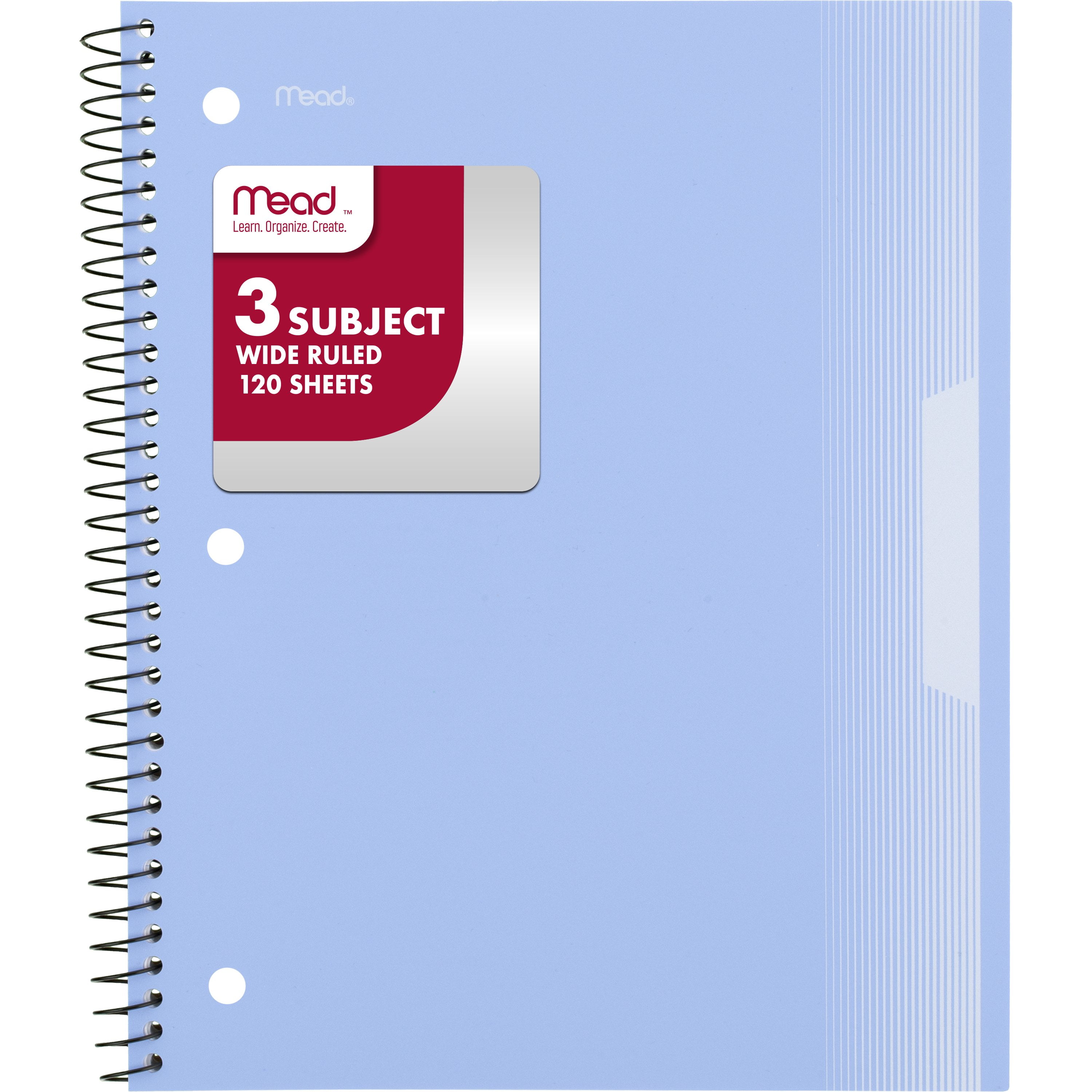 Mead 3 Subject Wide Ruled Notebook, 8" x 10.5", Pastel Blue, Poly, Spiral, 120 Sheets