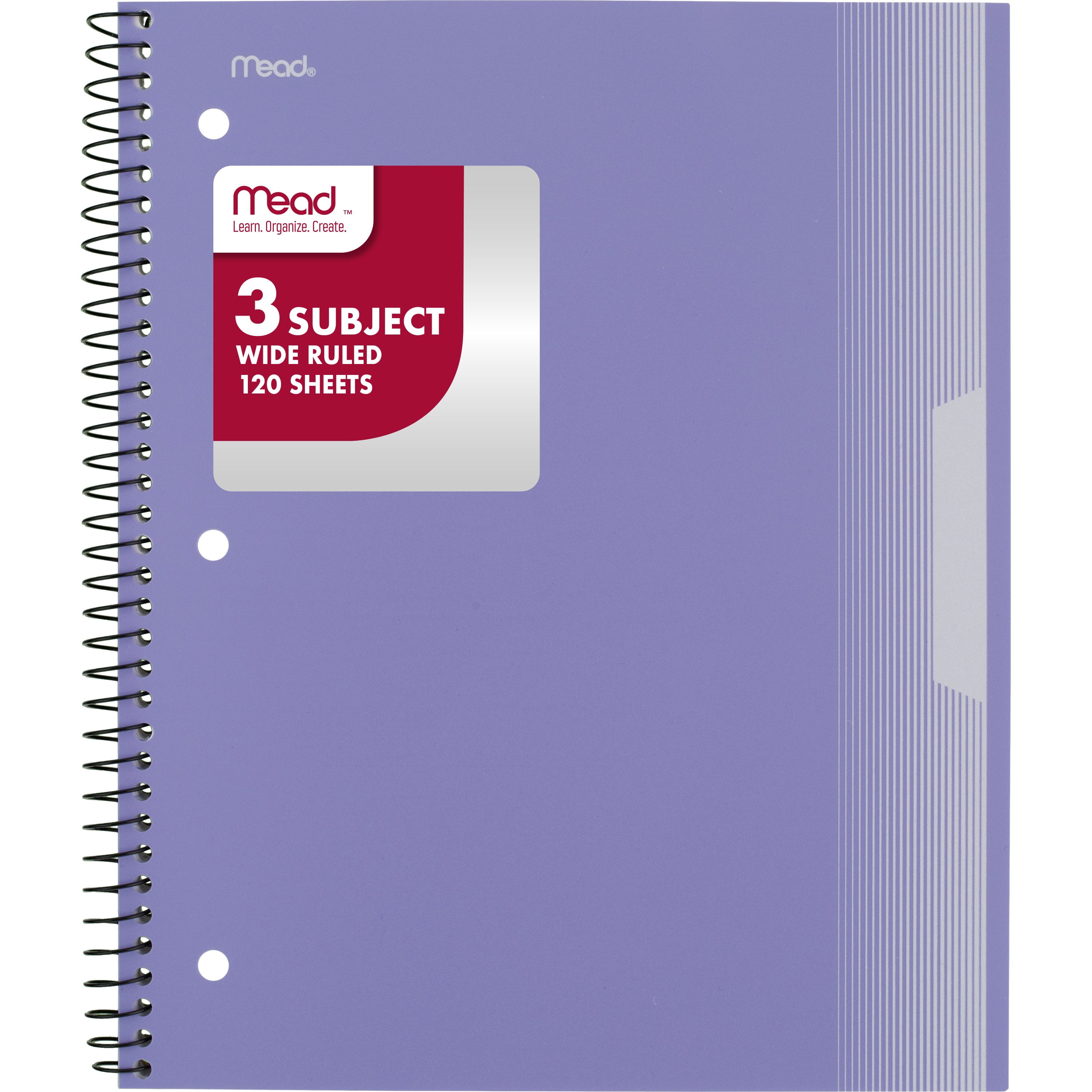Mead 3 Subject Wide Ruled Notebook, 8" x 10.5", Pastel Lilac, Poly, Spiral, 120 Sheets