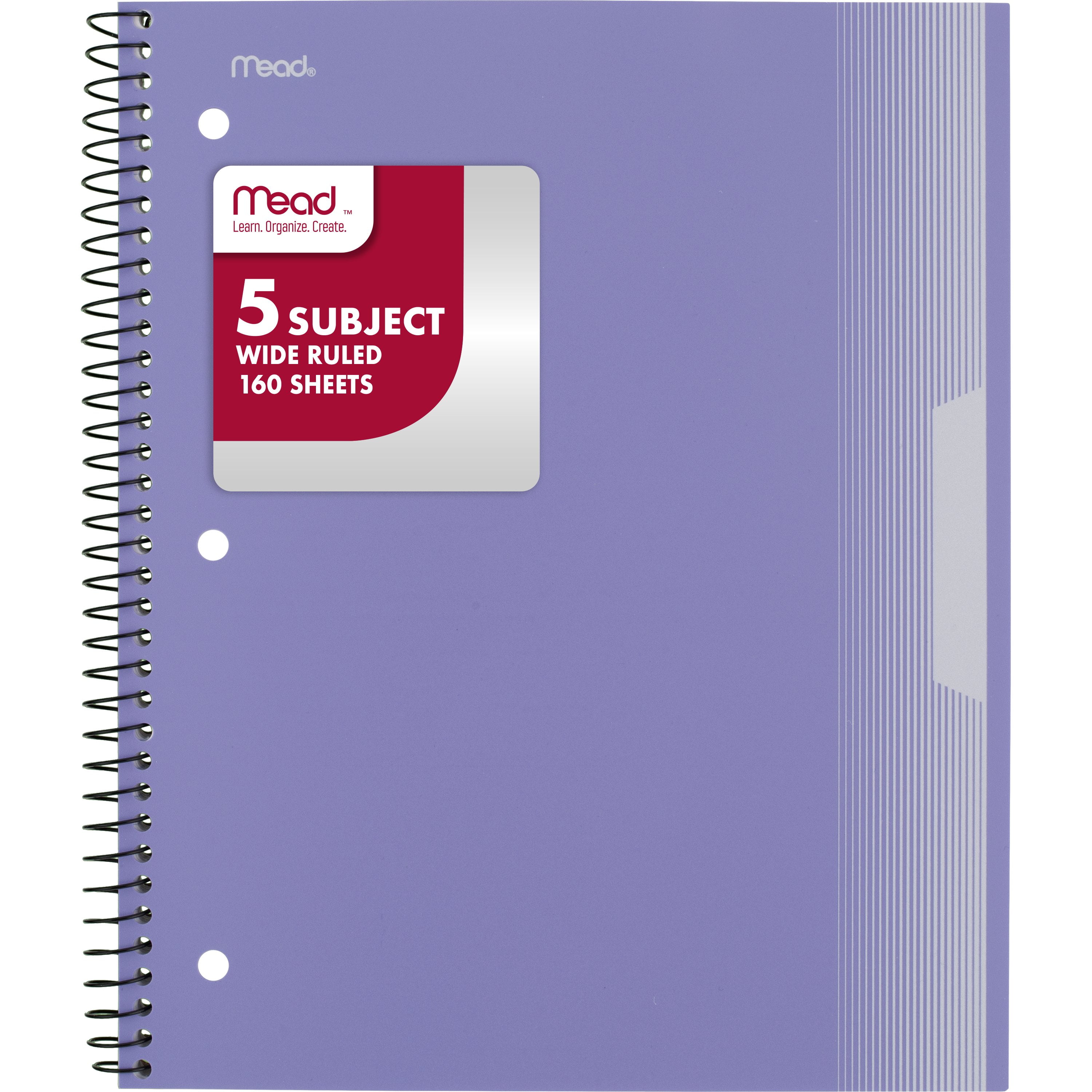 Mead 5 Subject Wide Ruled Notebook, 8" x 10.5", Pastel Lilac, Poly, Spiral, 160 Sheets