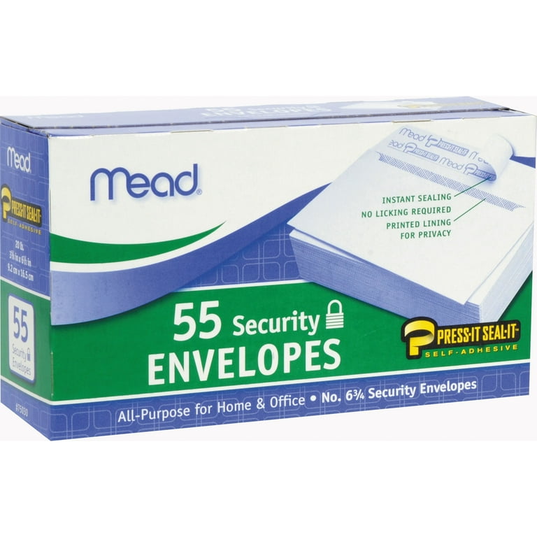 Mead Press-it No. 6 Security Envelopes - Security - #6 3/4 - Peel & Seal - 55 / Box - White Mead Press-it No. 6 Security Envelopes - Security - #6 3/4 - Peel & Seal - 55 / Box - White