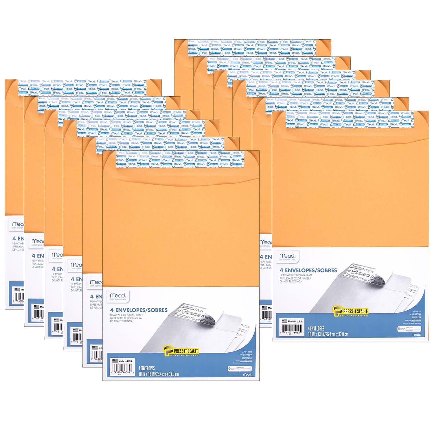 Mead Press-It Seal-It Envelopes, 10" x 13", 4 Per Box, 12 Boxes