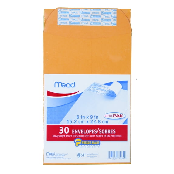 Mead Press-It Seal-It Envelopes, Office Pak, 6" x 9", Brown Kraft, 30 Ct