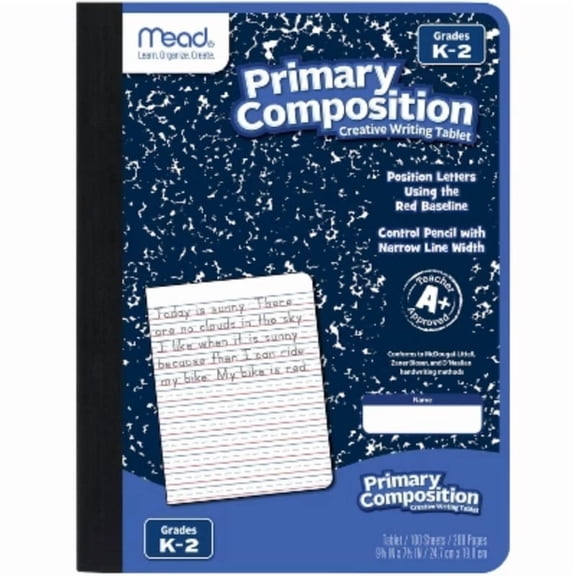 Primary Composition Book Writing Tablet: K-2 Journal, 7.5x9.75", 200 Pages, Sewn Binding, Hard Cover, Acid-Free Paper