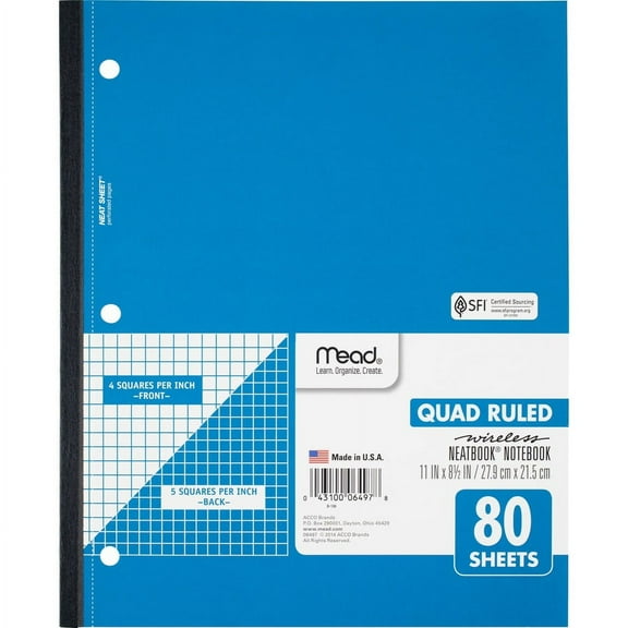 Mead Quad Wireless Neatbook Notebook - Letter - 80 Sheets - Both Side Ruling Surface - 8 1/2" x 11" - White Paper - Micro Perforated - 1 Each | Bundle of 5
