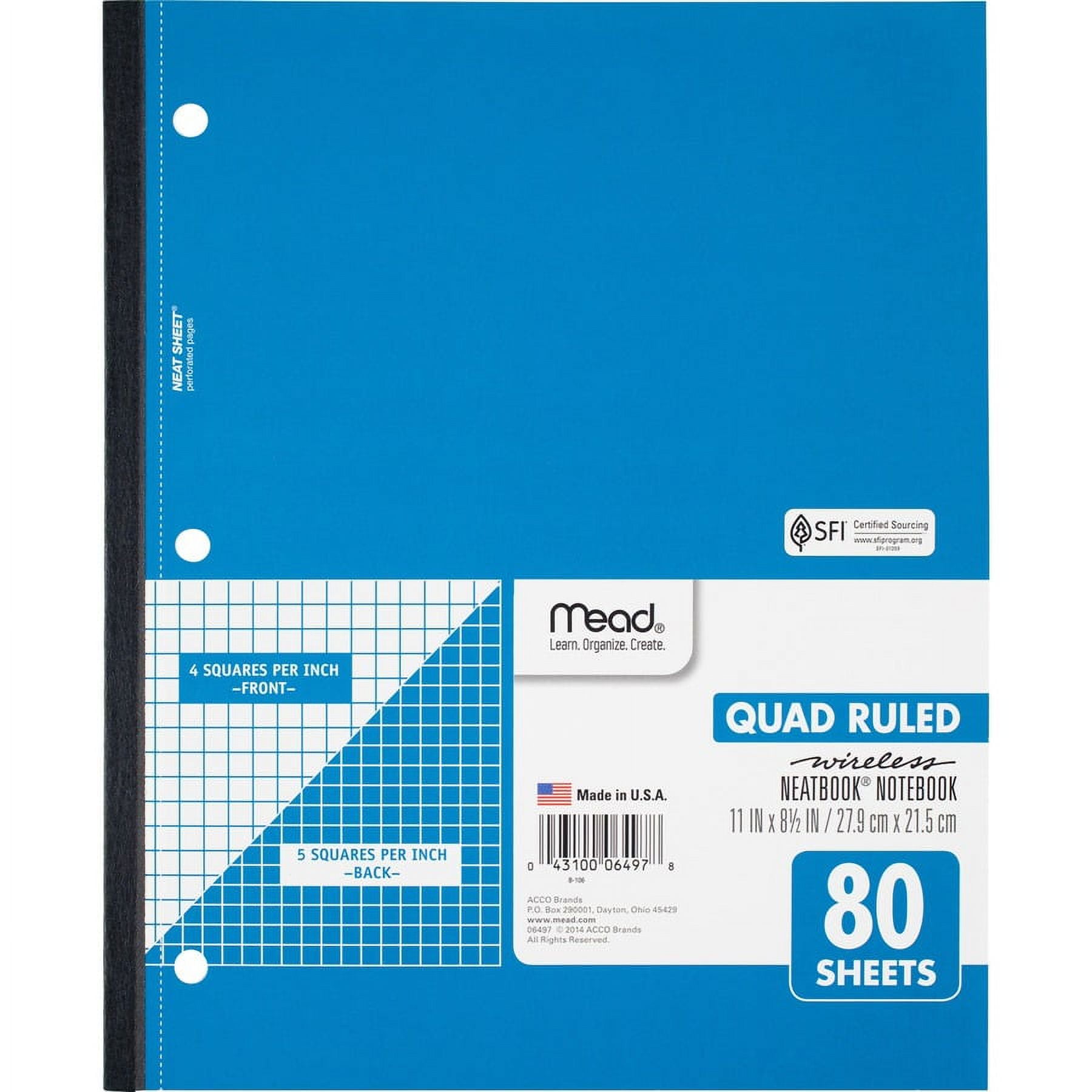 Mead Quad Wireless Neatbook Notebook - Letter - 80 Sheets - Both Side Ruling Surface - 8 1/2" x 11" - White Paper - Micro Perforated - 1 Each | Bundle of 2 Each