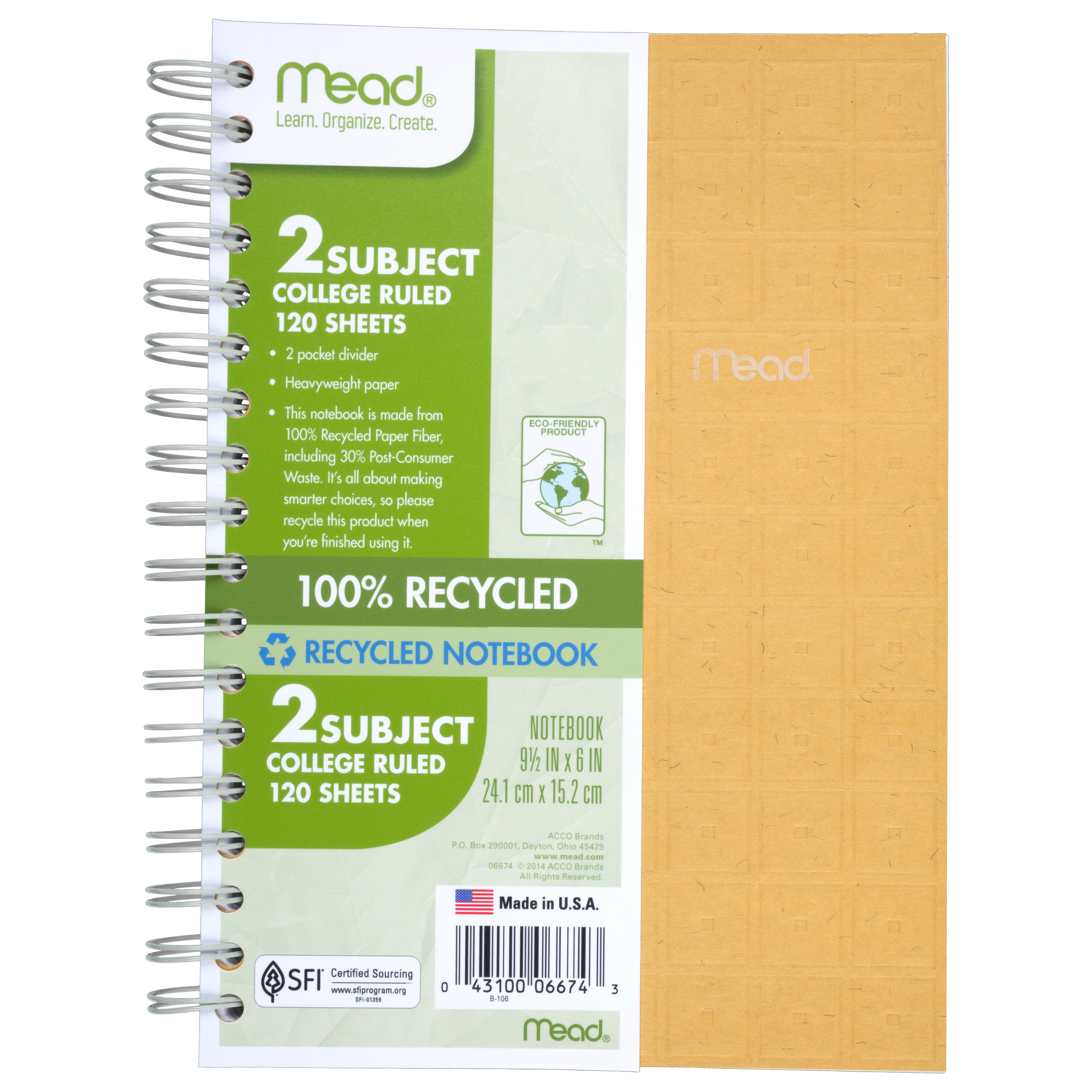 Mead Recycled 91/2x6 Notebook 120ct CR, Maize