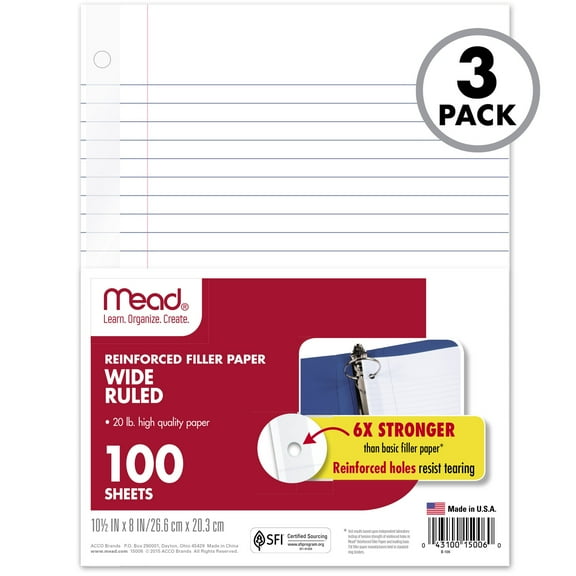 Mead Reinforced Filler Paper Wide Ruled 10 12 x 8 3 Pack 100 SheetsPack - Filler