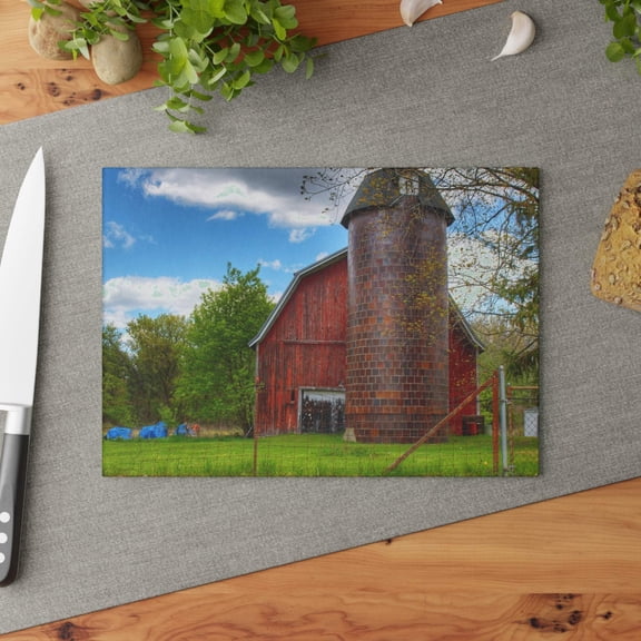 U R There Photography Mead Road Red Rustic Farmhouse Tempered-Glass Cutting Board 8"x 11"