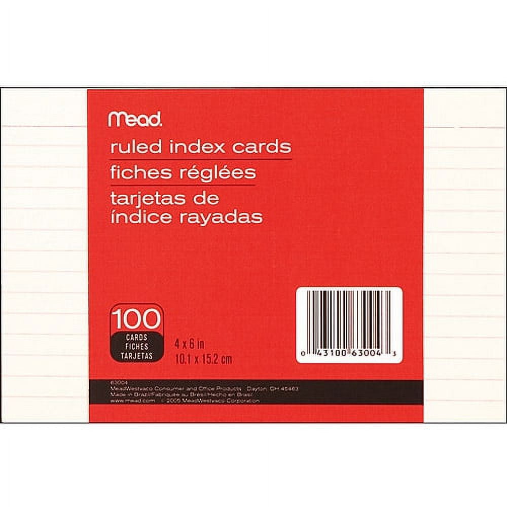 Mead Ruled Index Cards, White, 4" x 6", 100 Count (63004)